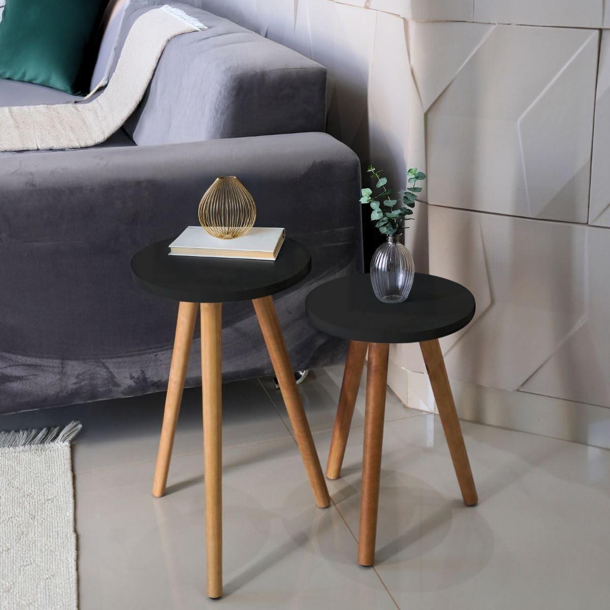 Mesa de Apoio Redonda Preta - 2 Mesas com Pés Palito em Madeira | Design Moderno para Sala, Quarto ou Escritório