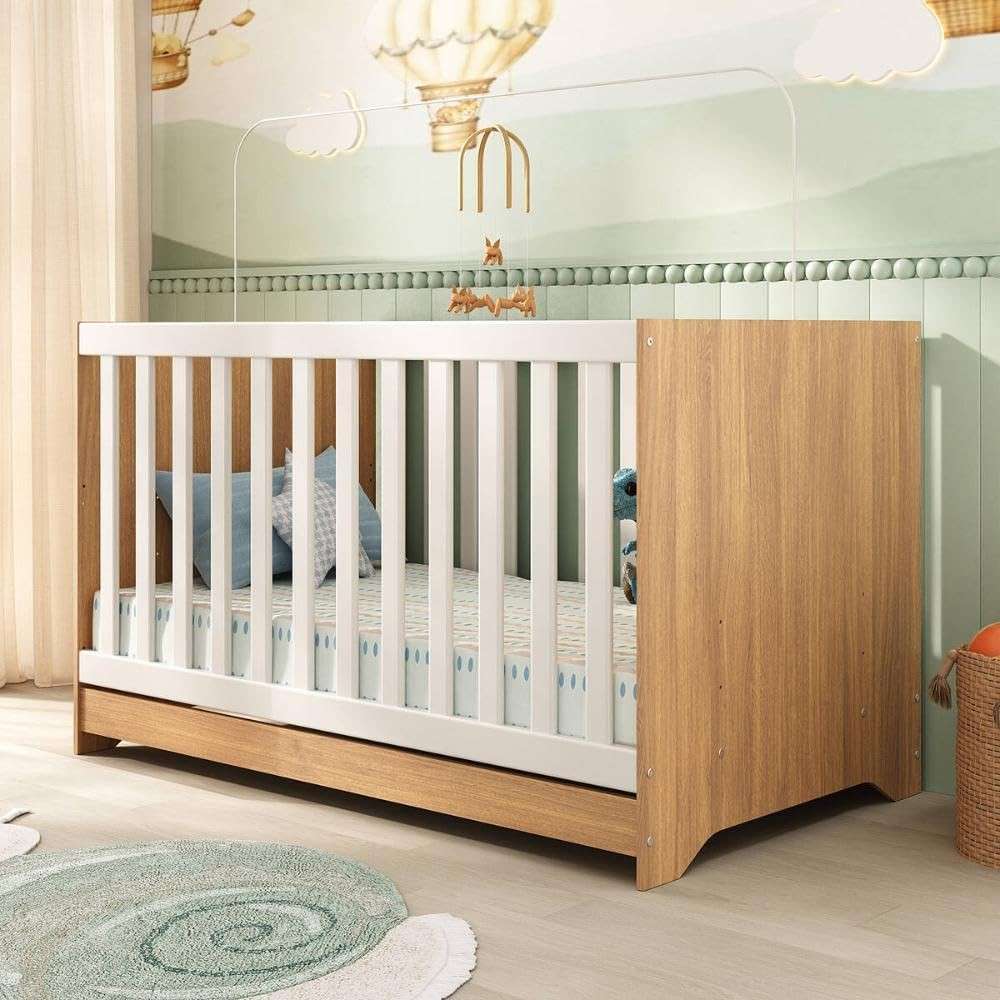 Berço Americano 3 em 1 Conversível em Mini Cama e Sofá - Madeirado/Branco