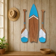 Kit Decoração Náutica Artesanal | 2 Remos e 1 Prancha em Madeira com Design Tribal Azul Celeste - imagem 3