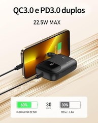 Carregador Portátil 10000mAh Mini Power Bank 22.5W PD 3.0 QC 3.0 com Display LED - Preto - imagem 4