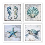 Kit 4 Quadros 18x18 cm Mar e Praia - Tartaruga, Concha, Estrela-do-Mar e Cavalos-Marinhos em Tons Turquesa - imagem 2