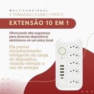 Régua de Energia Premium 10 em 1: 5 Tomadas, 4 USB + 1 USB-C, 2500W, Cabo 1.9m Bivolt - imagem 3