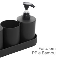 Conjunto 4 Peças Banheiro em Bambu e PP Preto - Porta-Sabonete, Escova, Copo e Algodão | Estilo Moderno e Sustentável - imagem 4