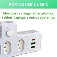 Tomada Múltipla 6 em 1: 4 Tomadas + 3 USB (C/A) | Bivolt Inteligente com Botão Liga/Desliga - imagem 4