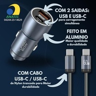 Carregador Veicular Turbo 60W Pro c/ Cabo USB-C: 2 Portas USB 3.0 + USB-C, 9.1A Fast Charge - Premium Preto - imagem 4