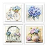 Kit 4 Quadros 18x18 cm com Flores Hortênsias | Decoração Vintage para Banheiro e Varanda - imagem 1
