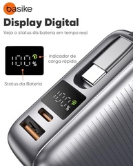 Basike Power Bank 20000mAh 45W: Carregador Portátil Rápido com Cabo USB-C Integrado para iPhone e Samsung - imagem 3