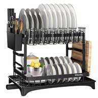 Escorredor de Louça 2 Níveis com Bandeja de Drenagem Automática - Design Moderno em Aço Inoxidável Preto - imagem 2