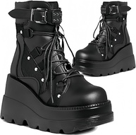 MACVISE Botas Femininas Góticas Plataforma, Salto Alto Grosso, Bico Redondo, Combate, Tornozelo, Cadarço, Calçado De Motocicleta, 01, Preto, 40 - imagem 1