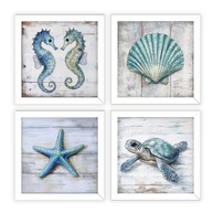 Kit 4 Quadros 18x18 cm Mar e Praia - Tartaruga, Concha, Estrela-do-Mar e Cavalos-Marinhos em Tons Turquesa - imagem 1