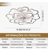 Ventilador de Teto Flor LED 88cm - Fandelier Slim 144W com Luz Regulável, 6 Velocidades, Controle Remoto, Design Moderno - imagem 3