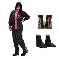 Kit Capa De Chuva Motoqueiro Feminina Pvc Pantaneiro + Polaina PVC meia sola preta com rosa - imagem 2