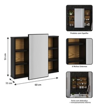 Conjunto Gabinete com Cuba Espelheira Suspenso Moderno com Nichos e Espelho Preto Ripado - imagem 3