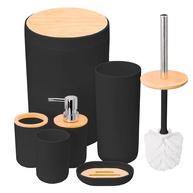 Kit Banheiro com Tampa em Bambu - 6 Peças com Lixeira, Escova Sanitária, Porta Sabonete e Escova de Dente - imagem 1