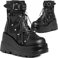 MACVISE Botas Femininas Góticas Plataforma, Salto Alto Grosso, Bico Redondo, Combate, Tornozelo, Cadarço, Calçado De Motocicleta, 01, Preto, 40 - imagem 2