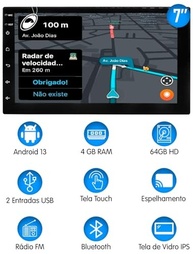 Central Multimídia Android 7" Premium Plus E-Tech: 4GB RAM, 64GB Armazenamento e Câmera de Ré - imagem 3