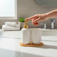 Kit Lavabo Luxo com Dispenser de Sabonete e Porta-Escovas Multifuncional em Bambu Branco - imagem 3