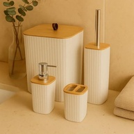Conjunto de Banheiro Moderno 4 Peças com Tampa de Bambu - Design Elegante Preto e Branco - imagem 2
