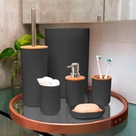 Kit Banheiro com Tampa em Bambu - 6 Peças com Lixeira, Escova Sanitária, Porta Sabonete e Escova de Dente - imagem 3