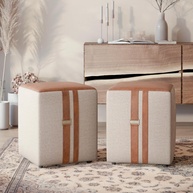 Conjunto 2 Puffs em Couro e Linho - Banqueta Confortável para Sala, Quarto ou Escritório - Design Moderno Bege - imagem 1