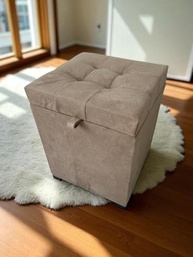 Puff Baú Siena 36x36x47 cm em Suede Bege - Assento Estofado com Espaço de Armazenamento - imagem 2