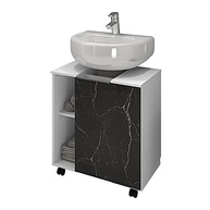 Gabinete Armário de Banheiro Pequin com Pia de Coluna – Branco/Nero Moderno com 6 Nichos e Rodízios - imagem 2