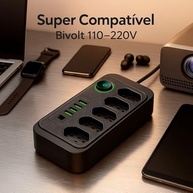 Régua de Energia Premium: 5 Tomadas, 4 USB + 1 Tipo-C, 2500W, Cabo 1.9m, Preta - imagem 5