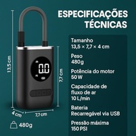 Calibrador Compressor Digital Portátil 150 PSI: Bomba de Ar USB com Lanterna LED para Carros, Motos e Bikes - imagem 3