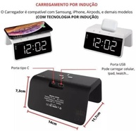 Relógio Despertador Digital com Carregador Indução 15W, Abajur LED RGB e USB-C - imagem 3