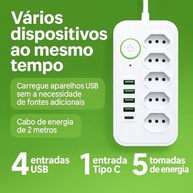 Extensão Elétrica 5 Tomadas + 5 USB + 1 USB-C: Carregamento Rápido e Seguro para Todos Seus Dispositivos - imagem 3