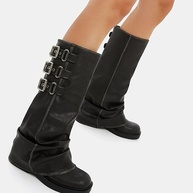MAVMAX Botas Femininas De Cano Alto Estilo Slouchy - Motociclista Casuais Com Bico Redondo E Plataforma Dobrável, Salto Baixo Grosso Fivela Preta Us8 - imagem 3