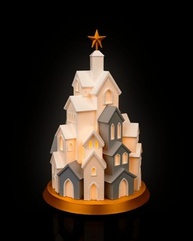 Vila Natalina 3D Iluminada com LED - Branco e Cinza, Base Dourada, Estrela no Topo, 19cm - imagem 2