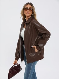 AUTOMET Jaquetas femininas de couro grandes com zíper, roupas de bombardeiro de motocicleta, roupas modernas de outono e inverno 2024 - imagem 4