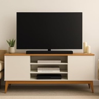 Rack Bancada para TV até 60" 1,60m com 2 Portas e 3 Nichos - Titan Off White/Madeirado - imagem 2