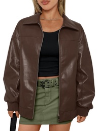 AUTOMET Jaquetas femininas de couro grandes com zíper, roupas de bombardeiro de motocicleta, roupas modernas de outono e inverno 2024 - imagem 1