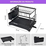 Escorredor de Louça 2 Níveis com Bandeja de Drenagem Automática - Design Moderno em Aço Inoxidável Preto - imagem 4