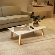 Mesa de Centro Moderna 80x42cm com Tampo em MDF e Pés em Madeira Maciça - Design Elegante Off White - imagem 2