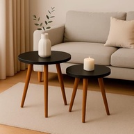 Kit 2 Mesas Cora de Canto Redondas com Pés Palito em MDF Preto – Ideal para Sala, Quarto e Escritório - imagem 2