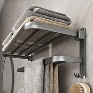 Suporte de Toalha Dobrável com Prateleira em Alumínio 60cm - Porta Toalhas Moderno com 2 Barras e Ganchos - imagem 5