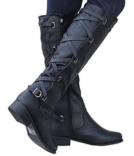 Syktkmx Botas femininas de cano alto para motociclista de inverno com cadarço e salto baixo, 1 preto, 39 - imagem 4