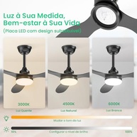 Ventilador de Teto com Luz LED e Controle Remoto | 6 Velocidades, Motor DC Silencioso, 3 Pás Pretas - imagem 3