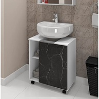 Gabinete Armário de Banheiro Pequin com Pia de Coluna – Branco/Nero Moderno com 6 Nichos e Rodízios - imagem 3