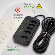 Régua de Energia Multifuncional: 5 Tomadas 3 Pinos + 4 USB + 1 USB-C | 2m Bivolt - imagem 4