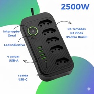 Régua de Energia Premium: Filtro de Linha 5 Tomadas, 4 USB-A, 1 USB-C e Cabo 2m - imagem 3