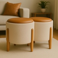 Puff Decorativo Redondo com Assento Macio em Courino e Pés de Madeira - Ideal para Sala e Escritório - imagem 1