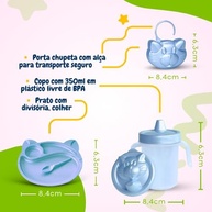 Kit 3 Peças Alimentação Bebê - Copo 350ml + Prato Divisórias + Porta Chupeta Azul Perolado - imagem 3