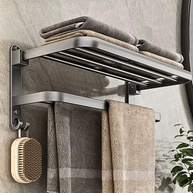 Suporte de Toalha Dobrável com Prateleira em Alumínio 60cm - Porta Toalhas Moderno com 2 Barras e Ganchos - imagem 4