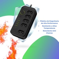 Régua de Energia Premium: Filtro de Linha 5 Tomadas, 4 USB-A, 1 USB-C e Cabo 2m - imagem 4