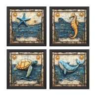 Kit 4 Quadros 18x18 cm Tema Praia - Mar, Sol e Baleia | Moldura de Madeira Sustentável com Estampa Brilhante - imagem 3