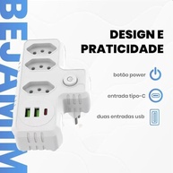 Régua de Energia 3 Tomadas + 3 USB (1 USB-C) - Carga Rápida e Proteção | Branco - imagem 5
